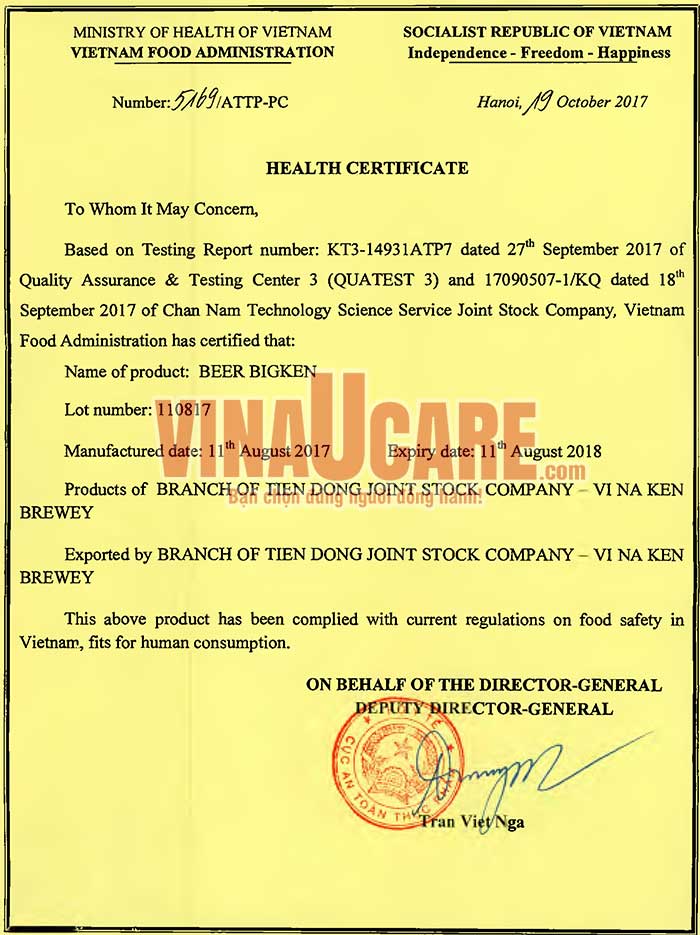 Mẫu giấy chứng nhận y tế (Health Certificate) - Bia (Ảnh VinaUCare)