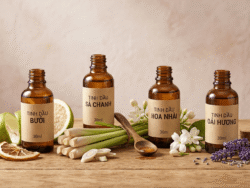 Bốn lọ mẫu tinh dầu bưởi, sả chanh, hoa nhài, oải hương để làm MSDS tinh dầu - Ảnh minh họa