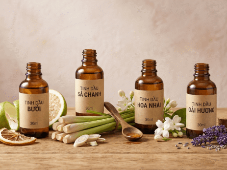 Bốn lọ mẫu tinh dầu bưởi, sả chanh, hoa nhài, oải hương để làm MSDS tinh dầu - Ảnh minh họa